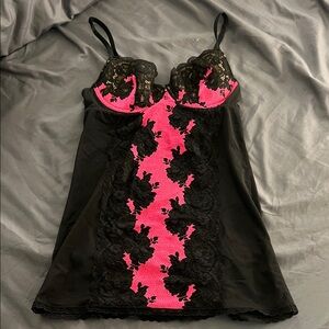 Victoria's Secret Black and Pink Lace Chemise